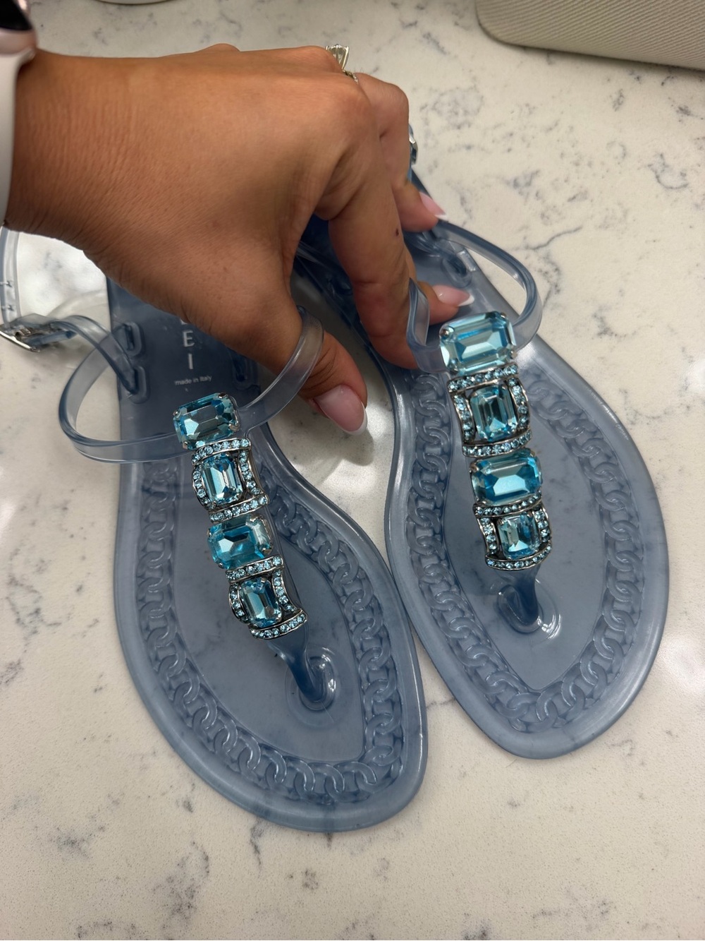 Casadei Light Blue Jelly T-Strap Sandals with Blue Gem Accents 37 (6.5)
